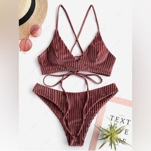 ZAFUL Velvet Ribbed Lace Up Rose Gold Bikini Set Size S